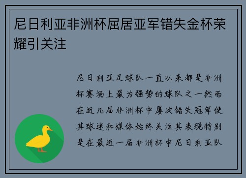 尼日利亚非洲杯屈居亚军错失金杯荣耀引关注 尼日利亚非洲杯屈居亚军错失金杯荣耀引关注